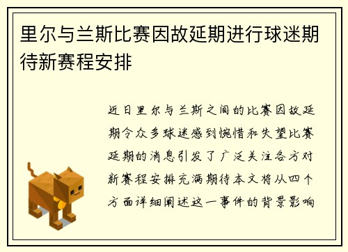 里尔与兰斯比赛因故延期进行球迷期待新赛程安排